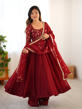 Graceful Red Silk Embroidery Work Gown